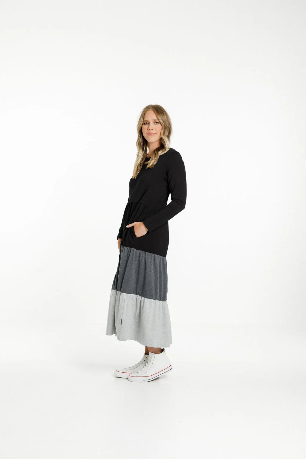 Home-lee Kendall Long Sleeve Dress | Black Grey Charcoal