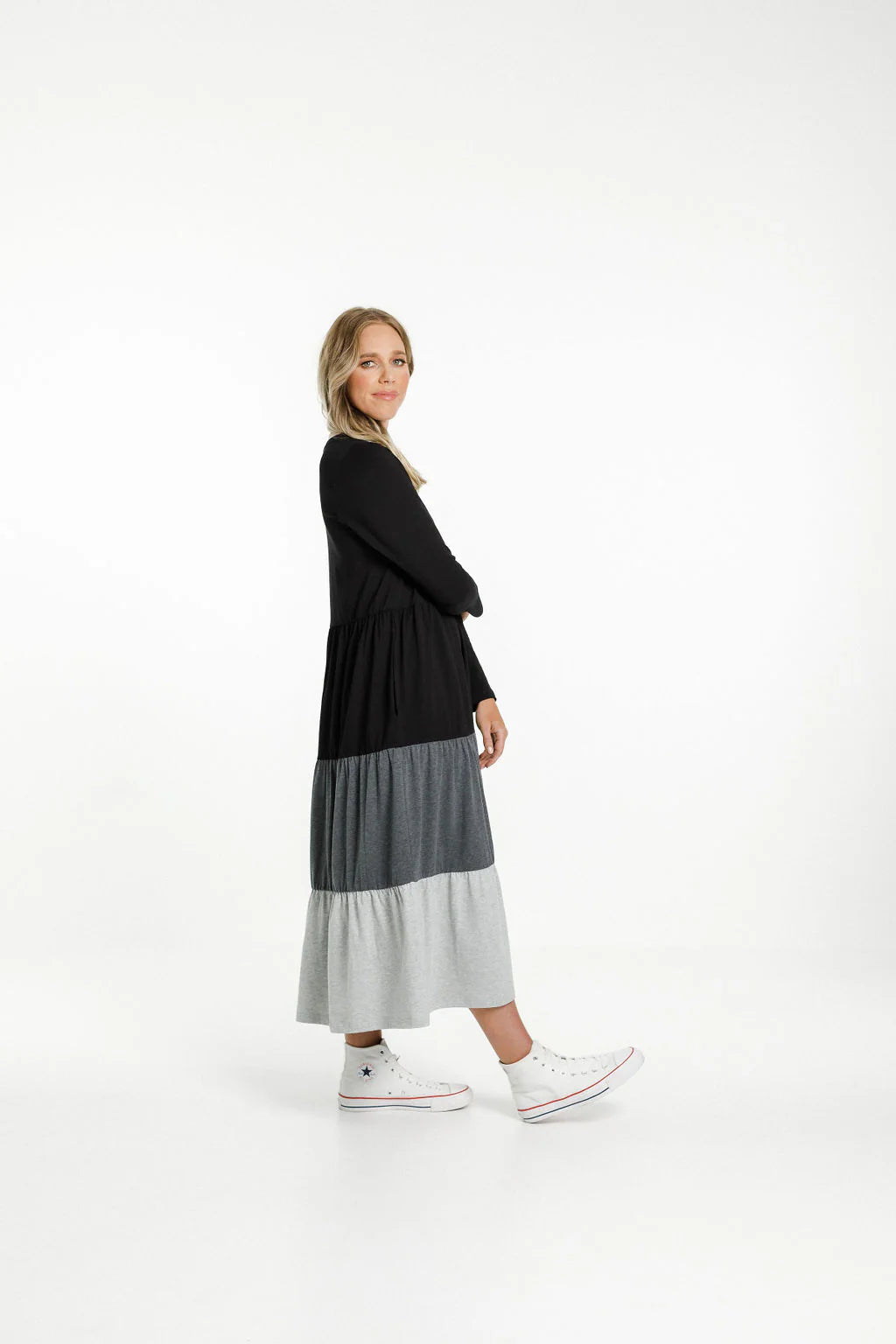 Home-lee Kendall Long Sleeve Dress | Black Grey Charcoal