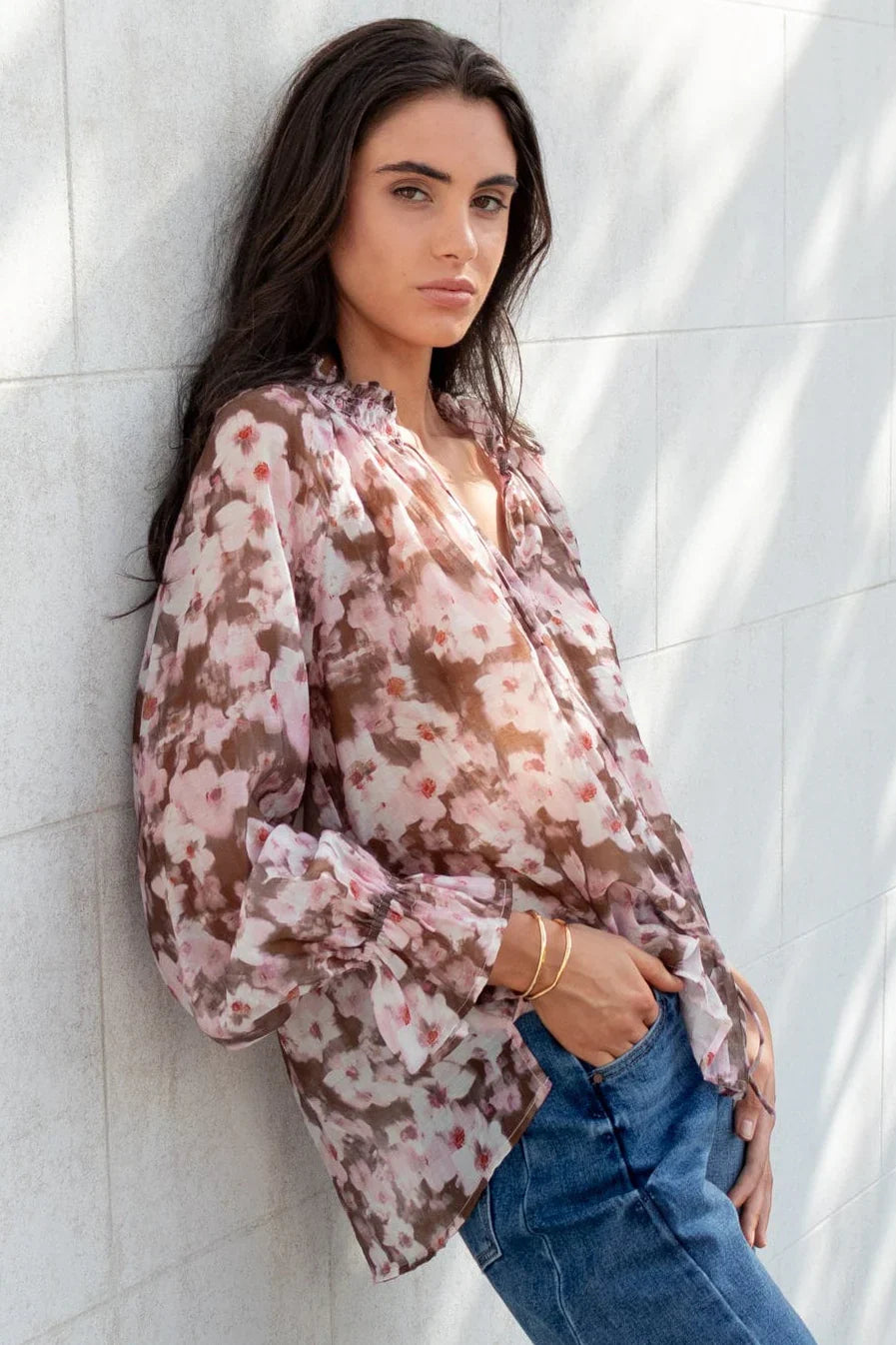 Among the Brave Odyssey Blush Chocolate Floral Shirred Neck LS Top