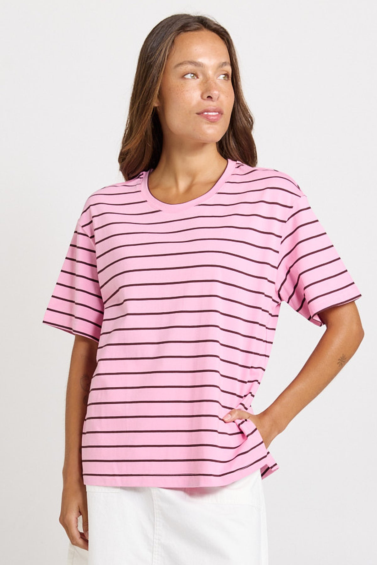 Betty Basics Relax Boxy Tee | Pink Chocolate Stripe