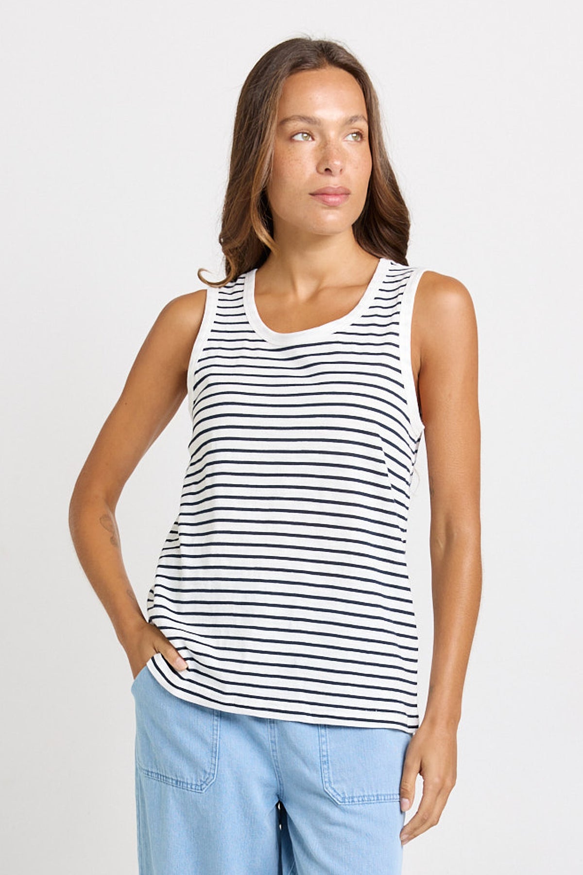 Betty Basics Rory Slub Tank | White Navy Stripe