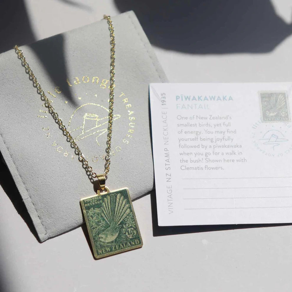 Little Taonga 1935 Pictorial Vintage Stamp Necklace | Piwakawaka