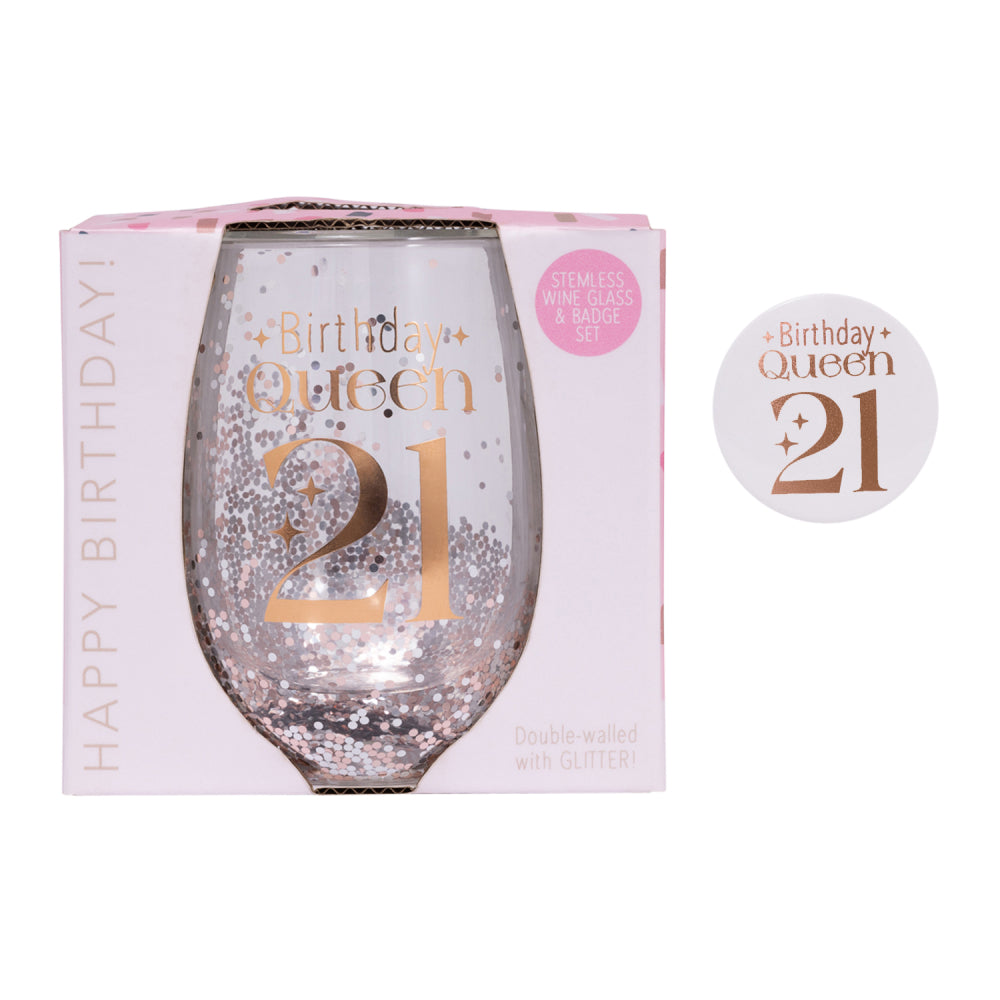 Celebration 21st Glitter Stemless Glass & Badge Set