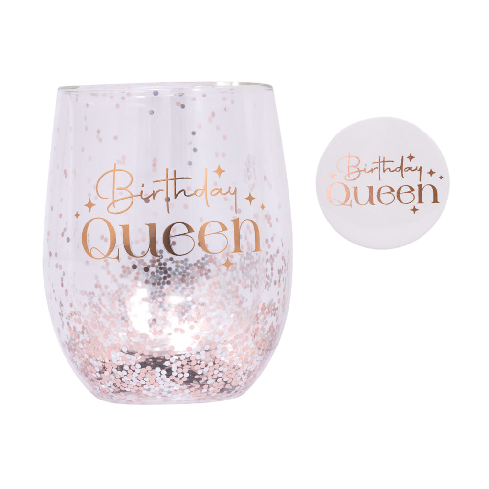 Celebration Birthday Queen Glitter Stemless Glass & Badge Set