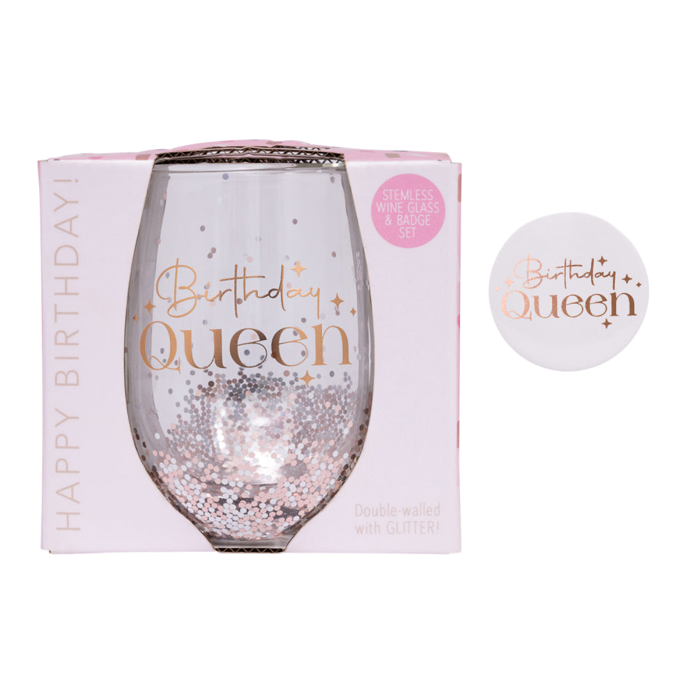 Celebration Birthday Queen Glitter Stemless Glass & Badge Set