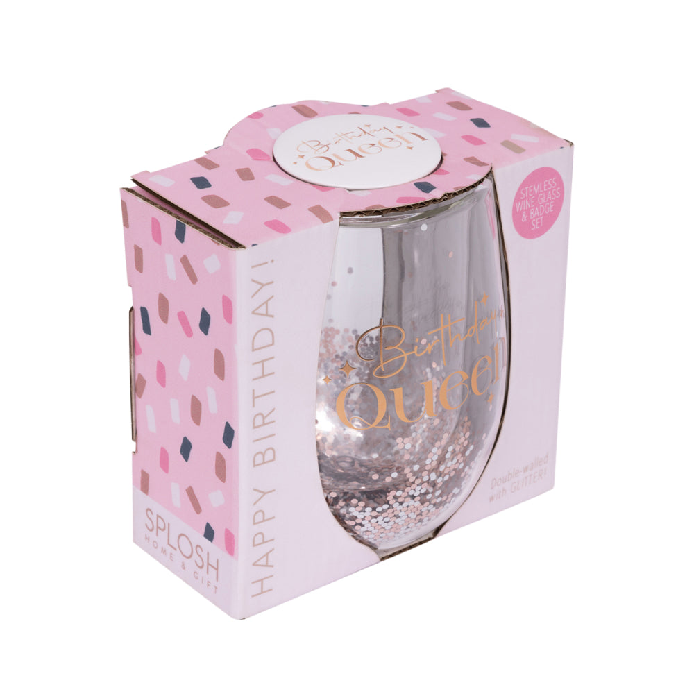 Celebration Birthday Queen Glitter Stemless Glass & Badge Set