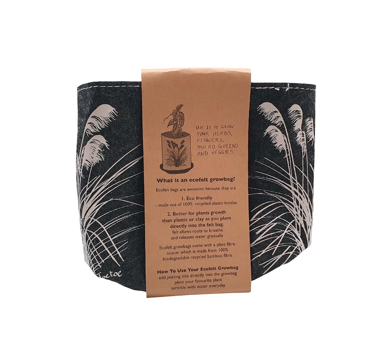 Jo Luping Design - Toetoe on Dark Grey 1 | Ecofelt Growbag