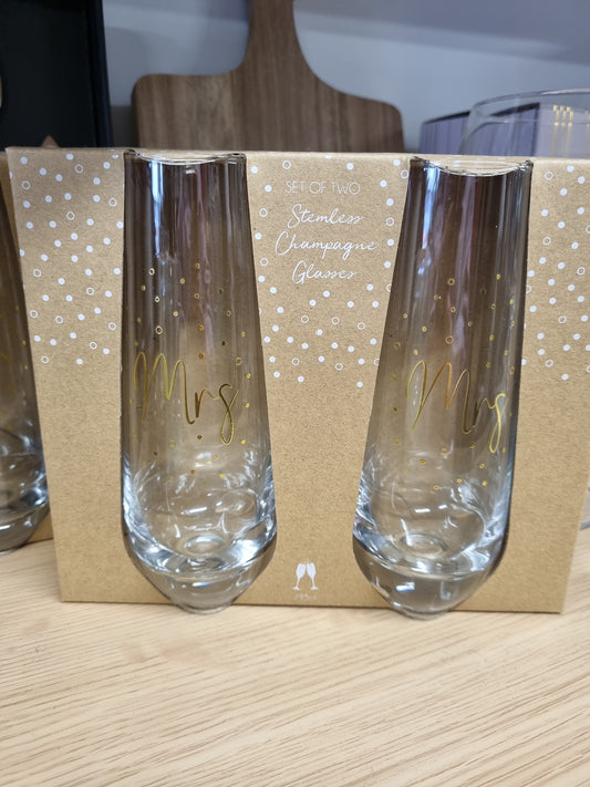 Mrs & Mrs Stemless Champagne Glasses - set of 2