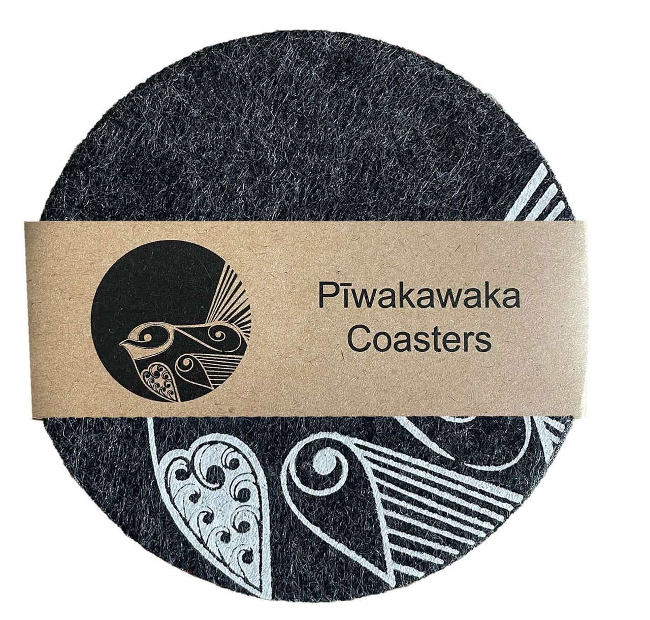 Jo Luping Design - Piwakawaka on Dark Grey | Ecofelt Coasters