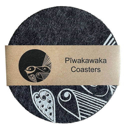 Jo Luping Design - Piwakawaka on Dark Grey | Ecofelt Coasters