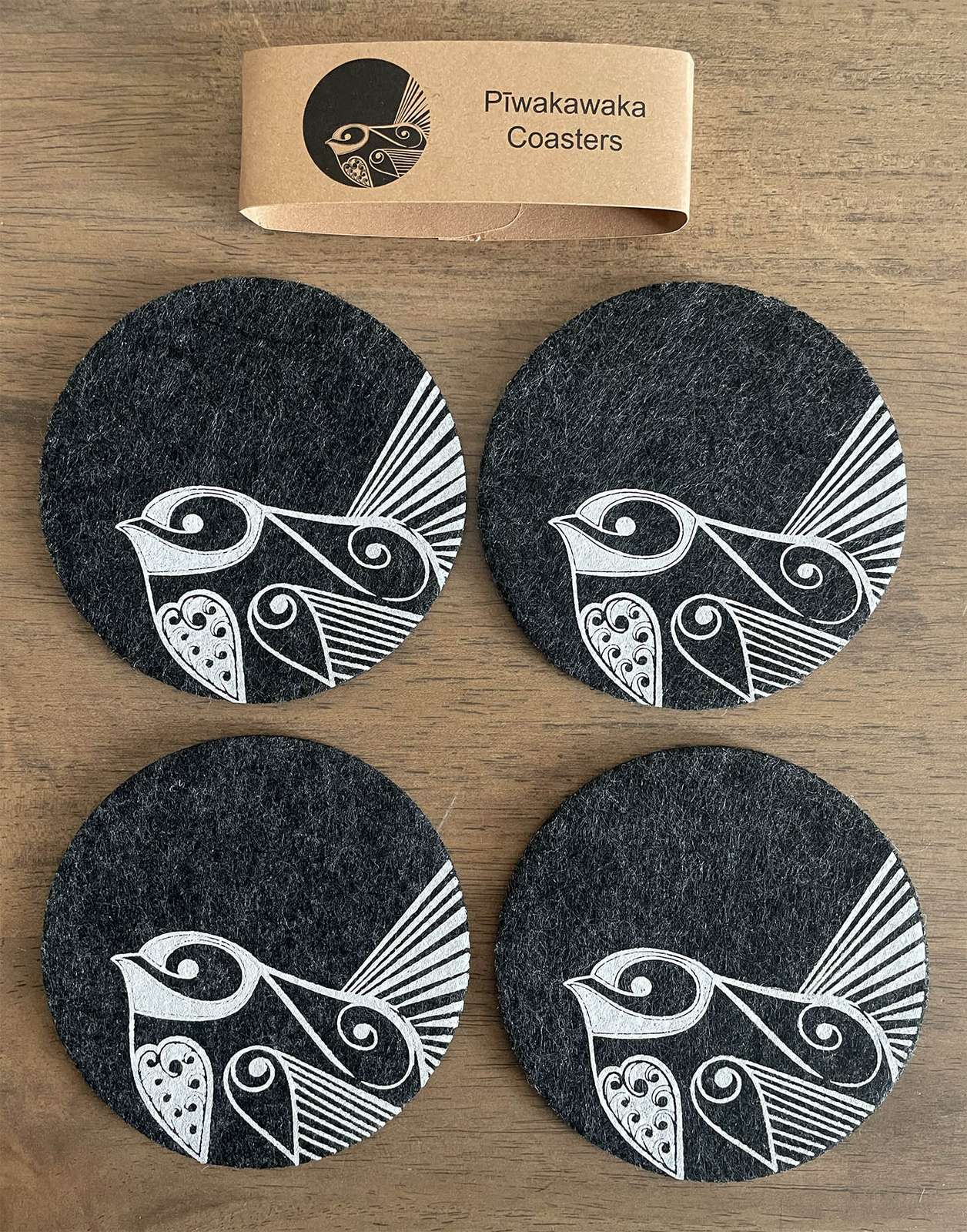 Jo Luping Design - Piwakawaka on Dark Grey | Ecofelt Coasters
