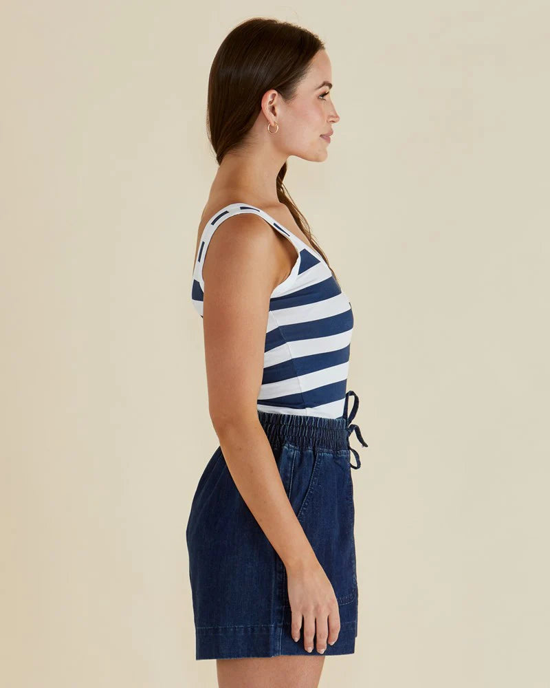 Betty Basics Scoop Neck Tank | Navy Bold Stripe