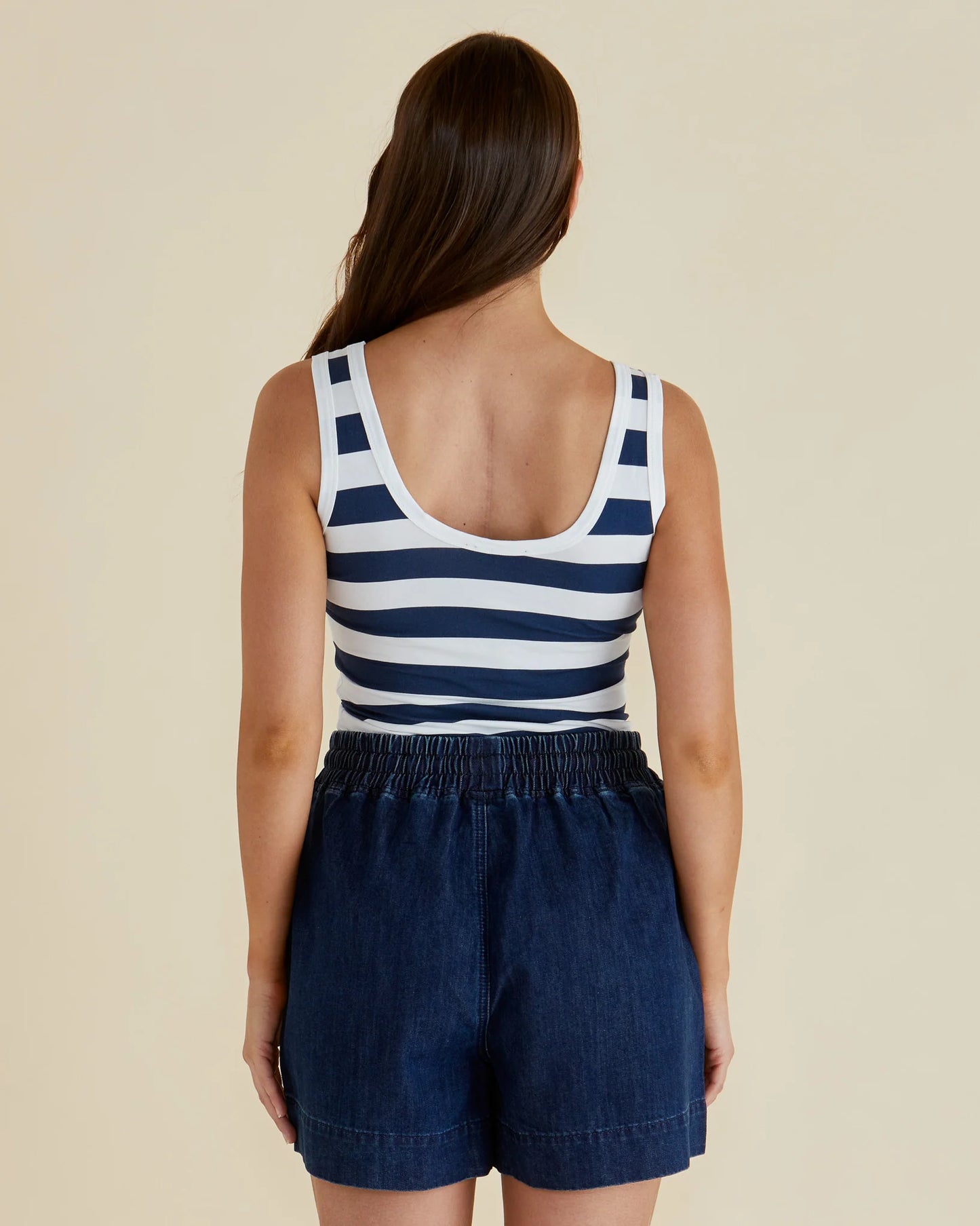 Betty Basics Scoop Neck Tank | Navy Bold Stripe