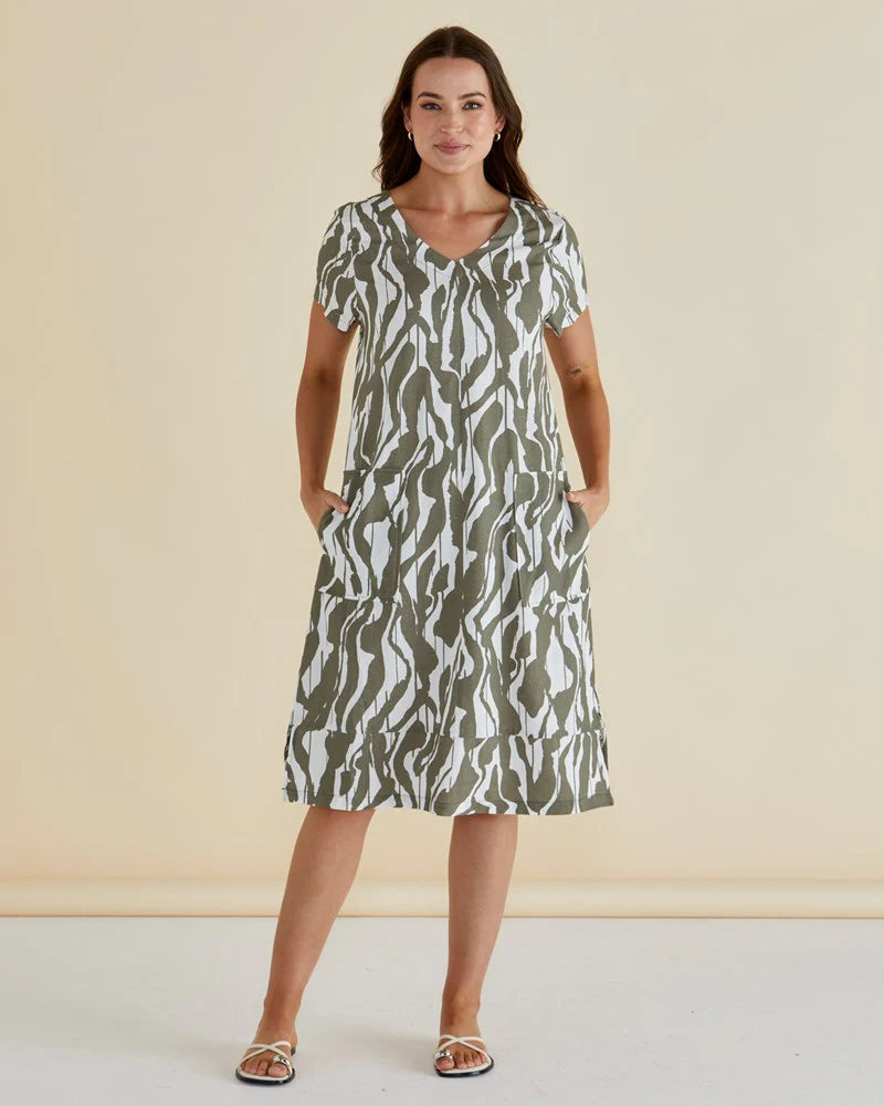 Betty Basics Elwood Dress | Olive Geometric Print