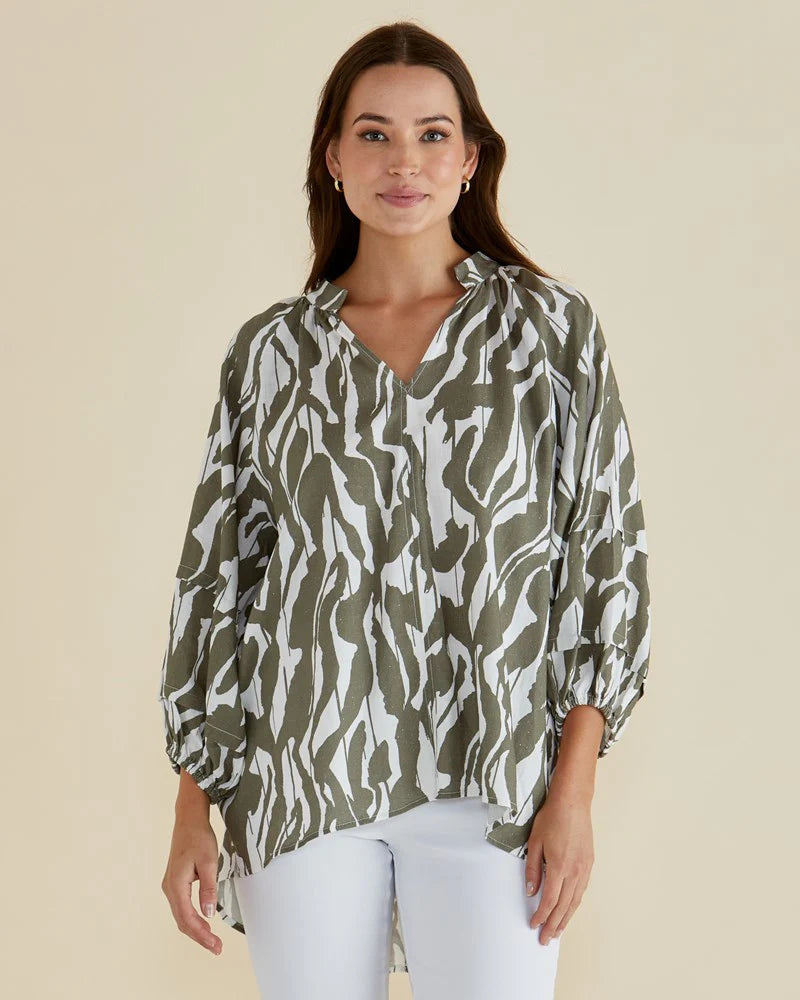 Betty Basics Grazia Blouse | Olive Geometric Print