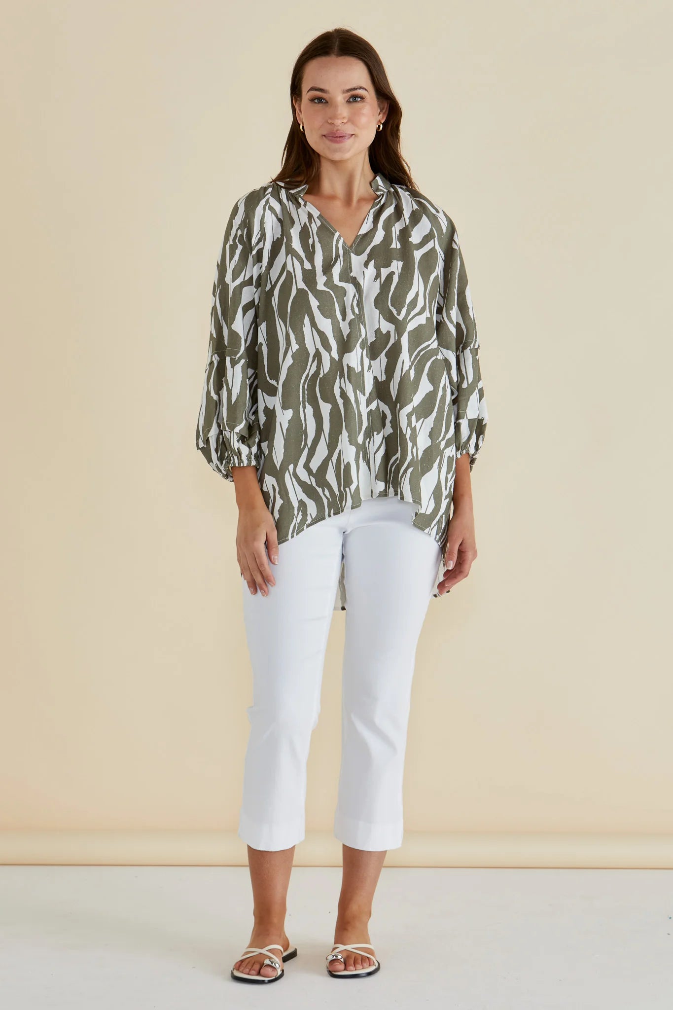 Betty Basics Grazia Blouse | Olive Geometric Print