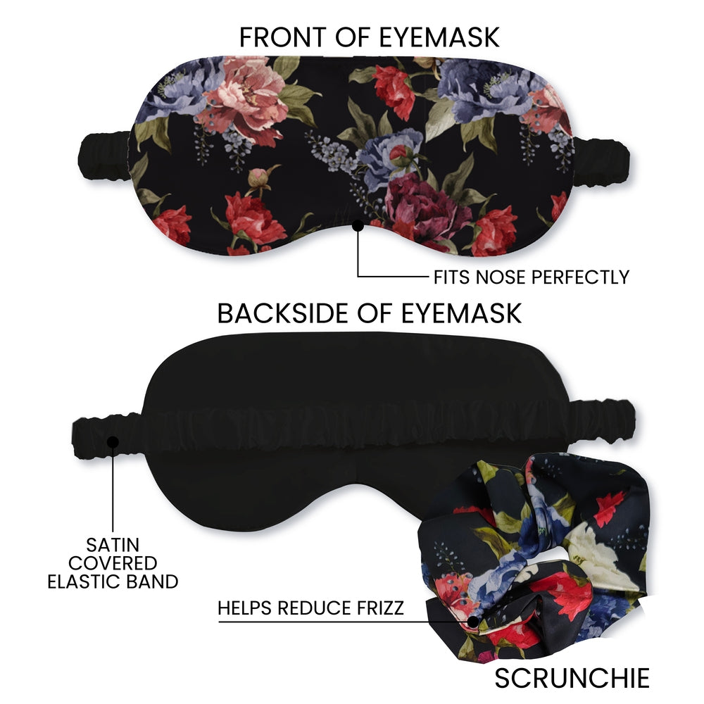 Artico Bluhen - Black Floral Satin Eyemask & Scrunchie Set