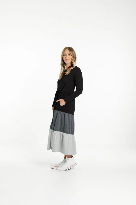 Home-lee Kendall Long Sleeve Dress | Black Grey Charcoal