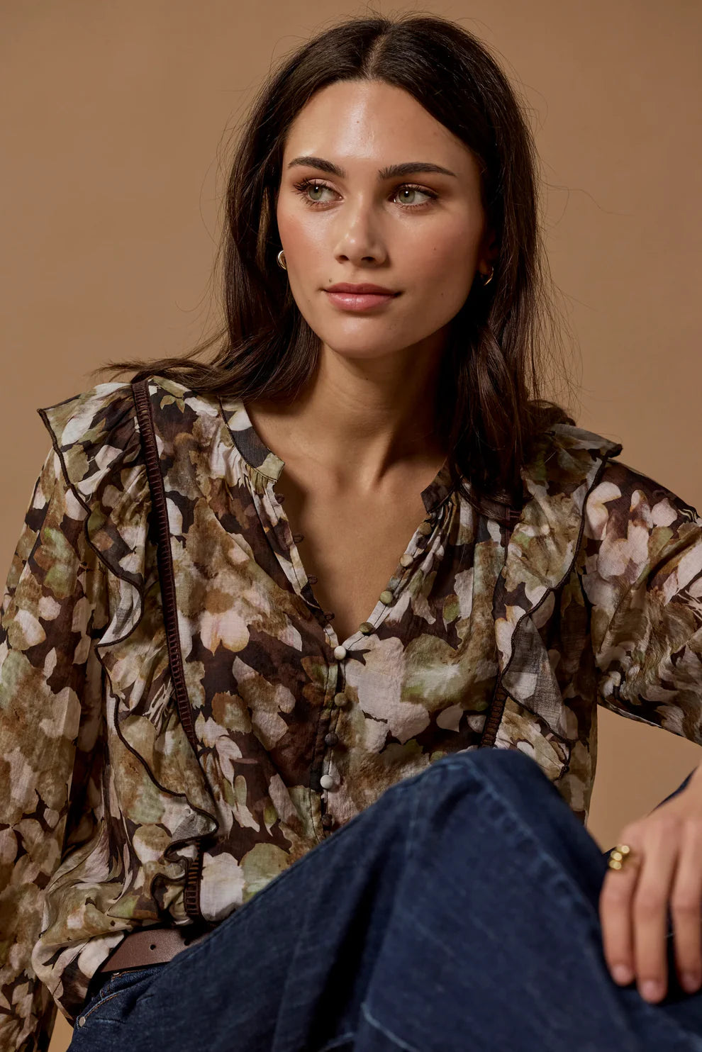 Integrity Black Beige Floral Frill Detail Long Sleeve Top