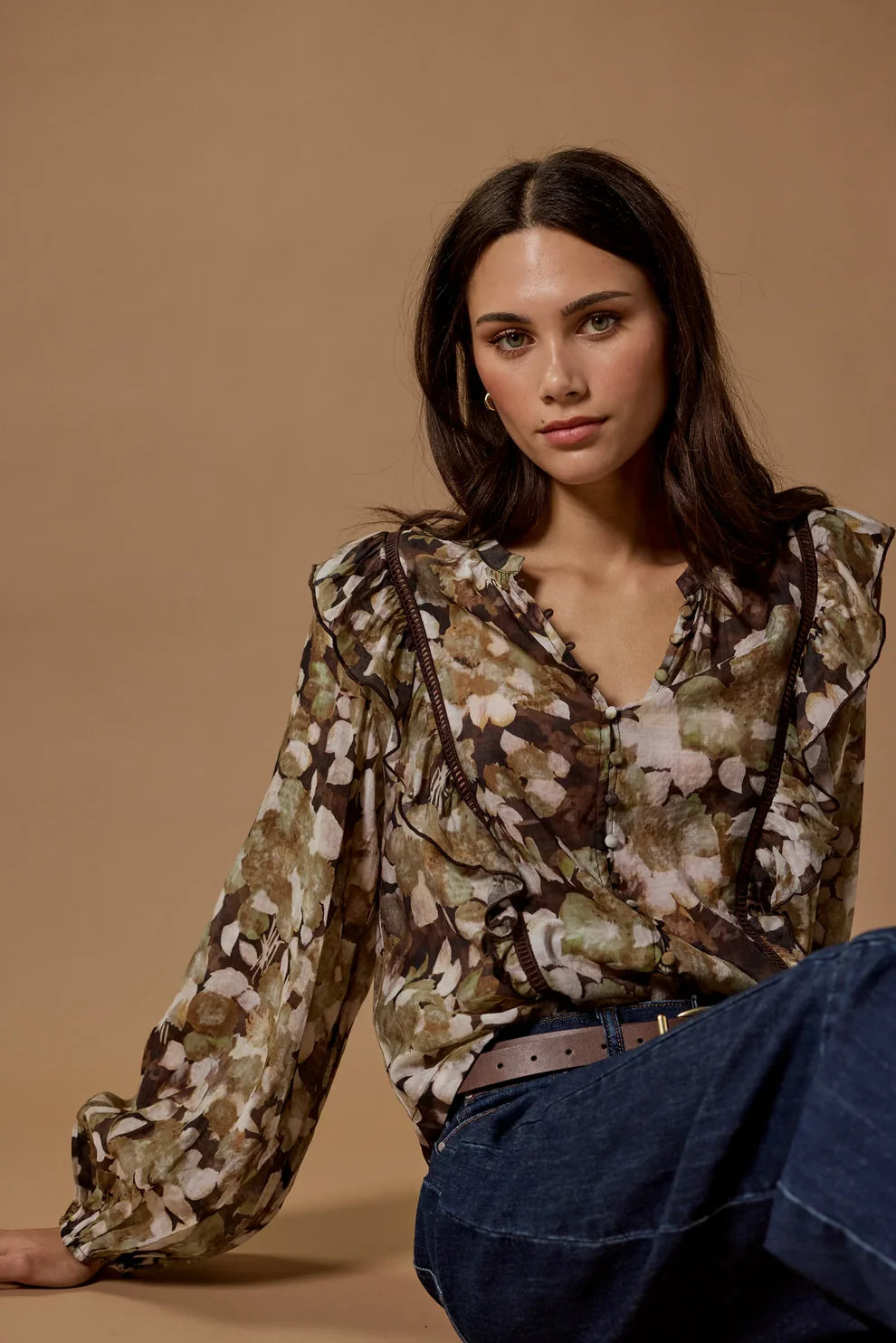 Integrity Black Beige Floral Frill Detail Long Sleeve Top