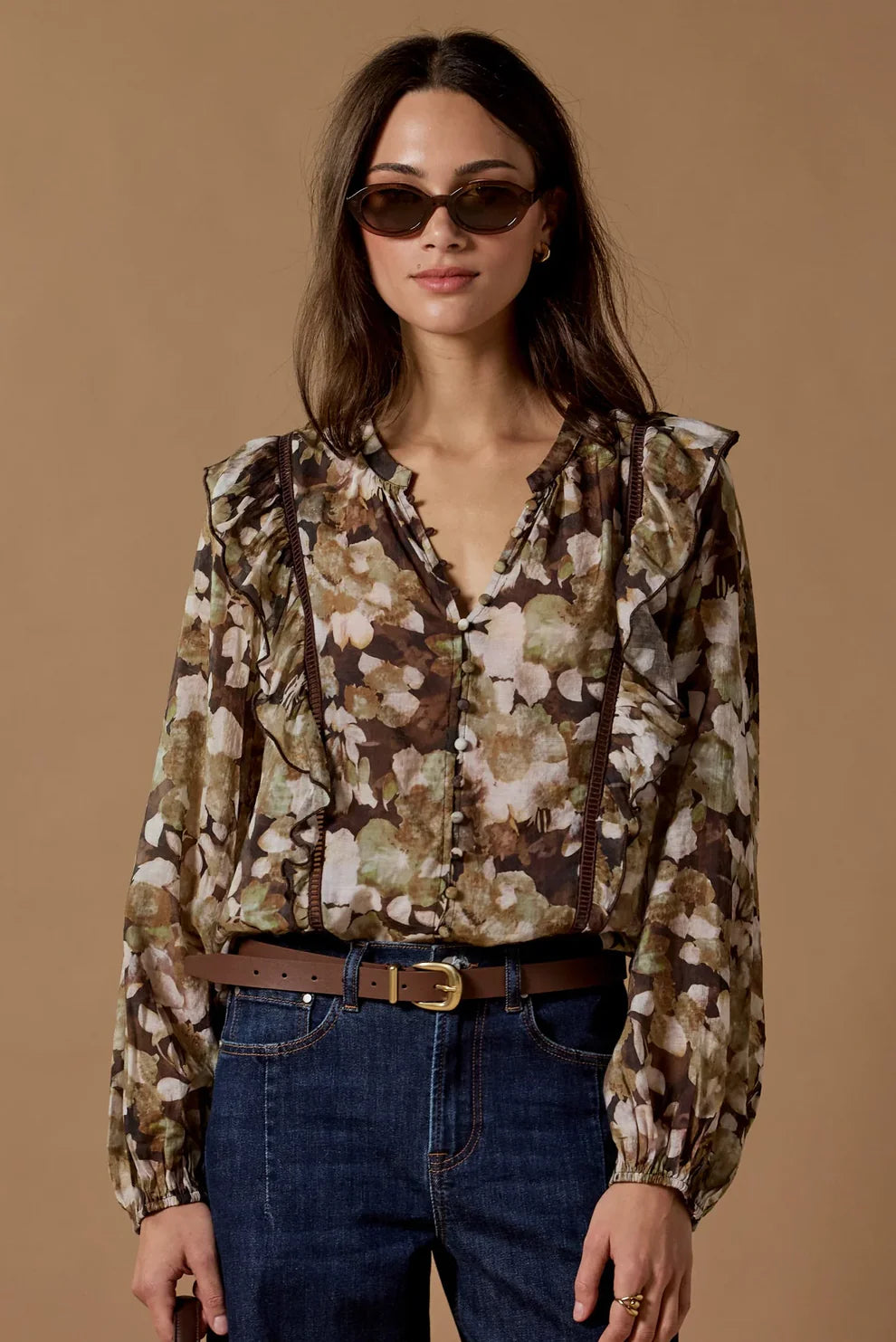 Integrity Black Beige Floral Frill Detail Long Sleeve Top