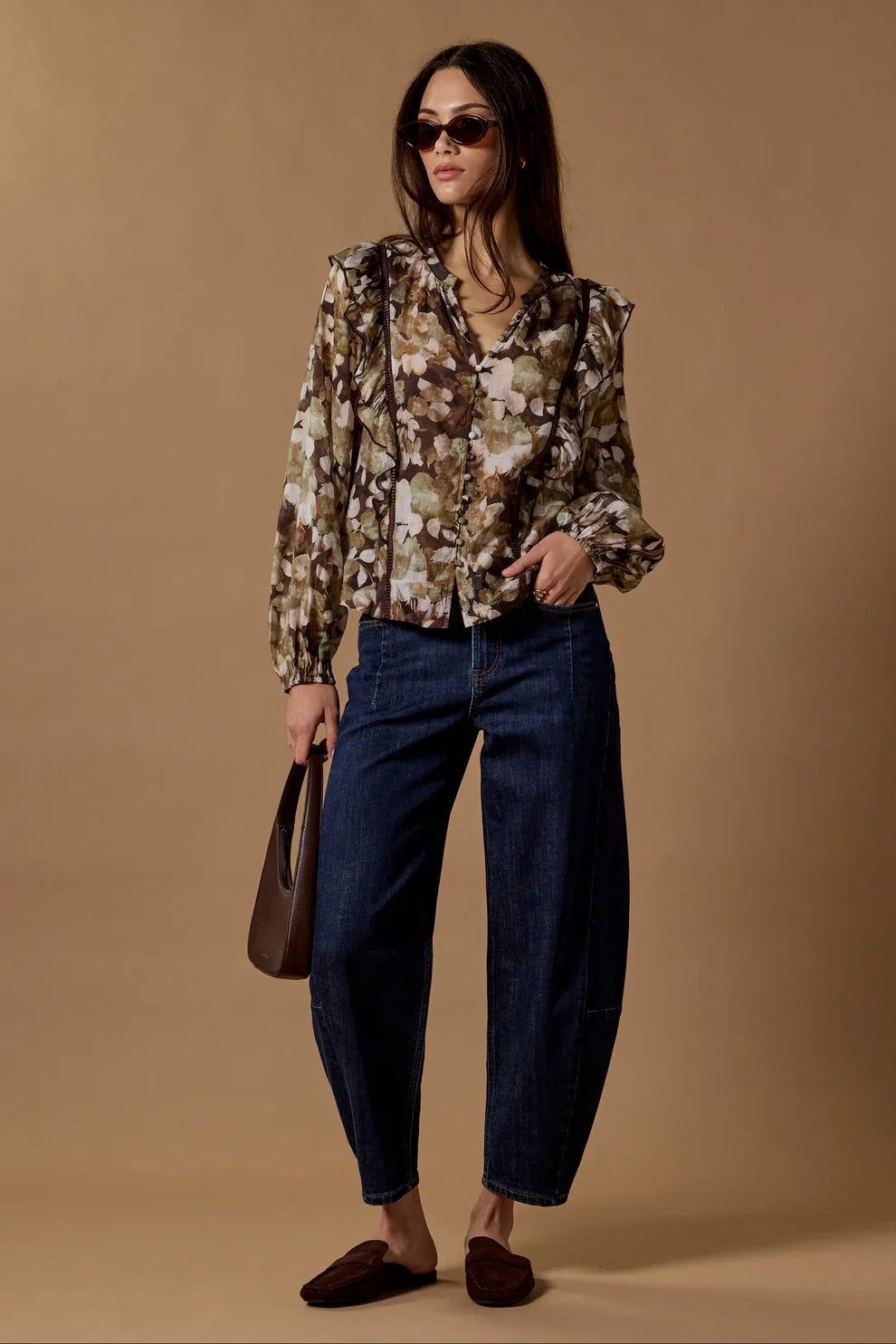 Integrity Black Beige Floral Frill Detail Long Sleeve Top