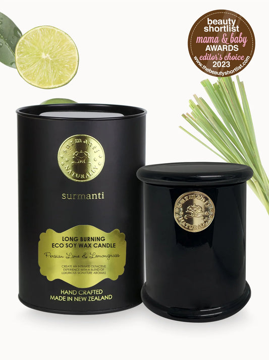 Surmanti Long Burning Eco Soy Candle - Persian Lime & Lemongrass