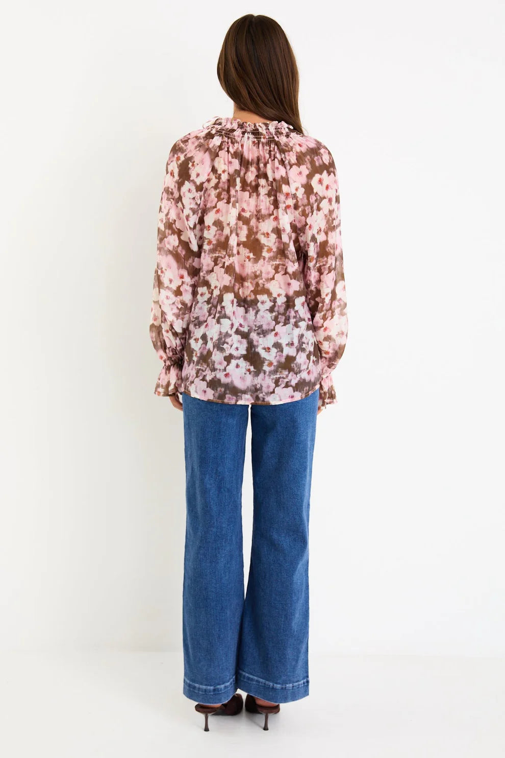 Among the Brave Odyssey Blush Chocolate Floral Shirred Neck LS Top