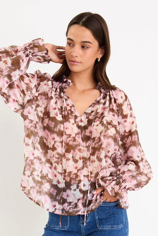 Among the Brave Odyssey Blush Chocolate Floral Shirred Neck LS Top