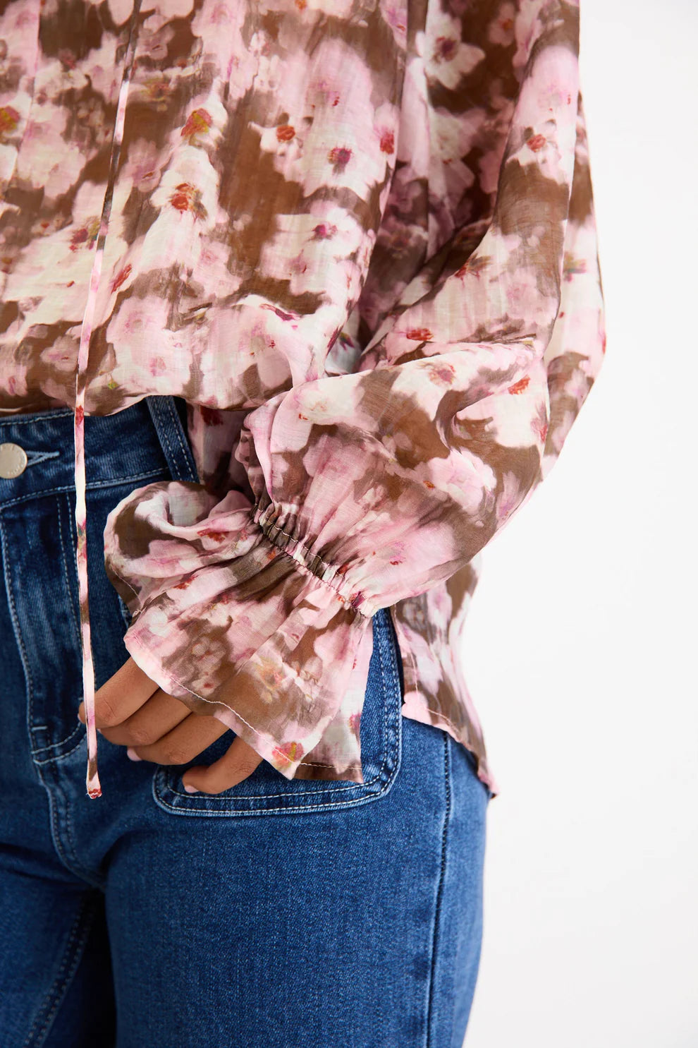 Among the Brave Odyssey Blush Chocolate Floral Shirred Neck LS Top