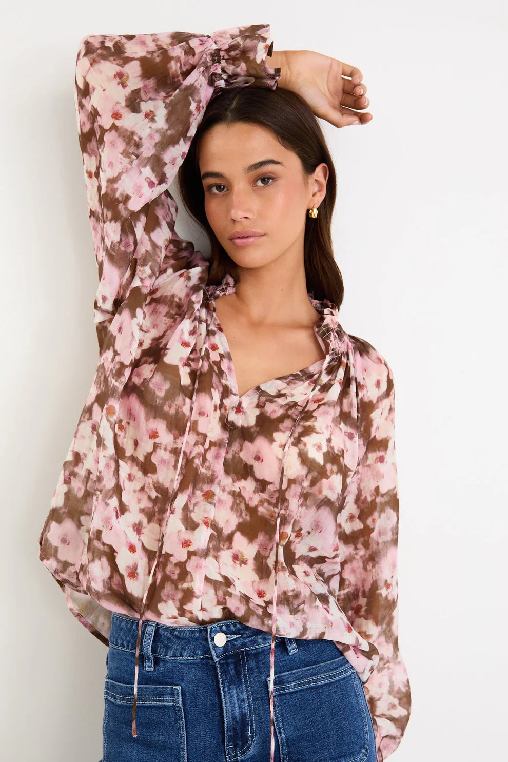 Among the Brave Odyssey Blush Chocolate Floral Shirred Neck LS Top