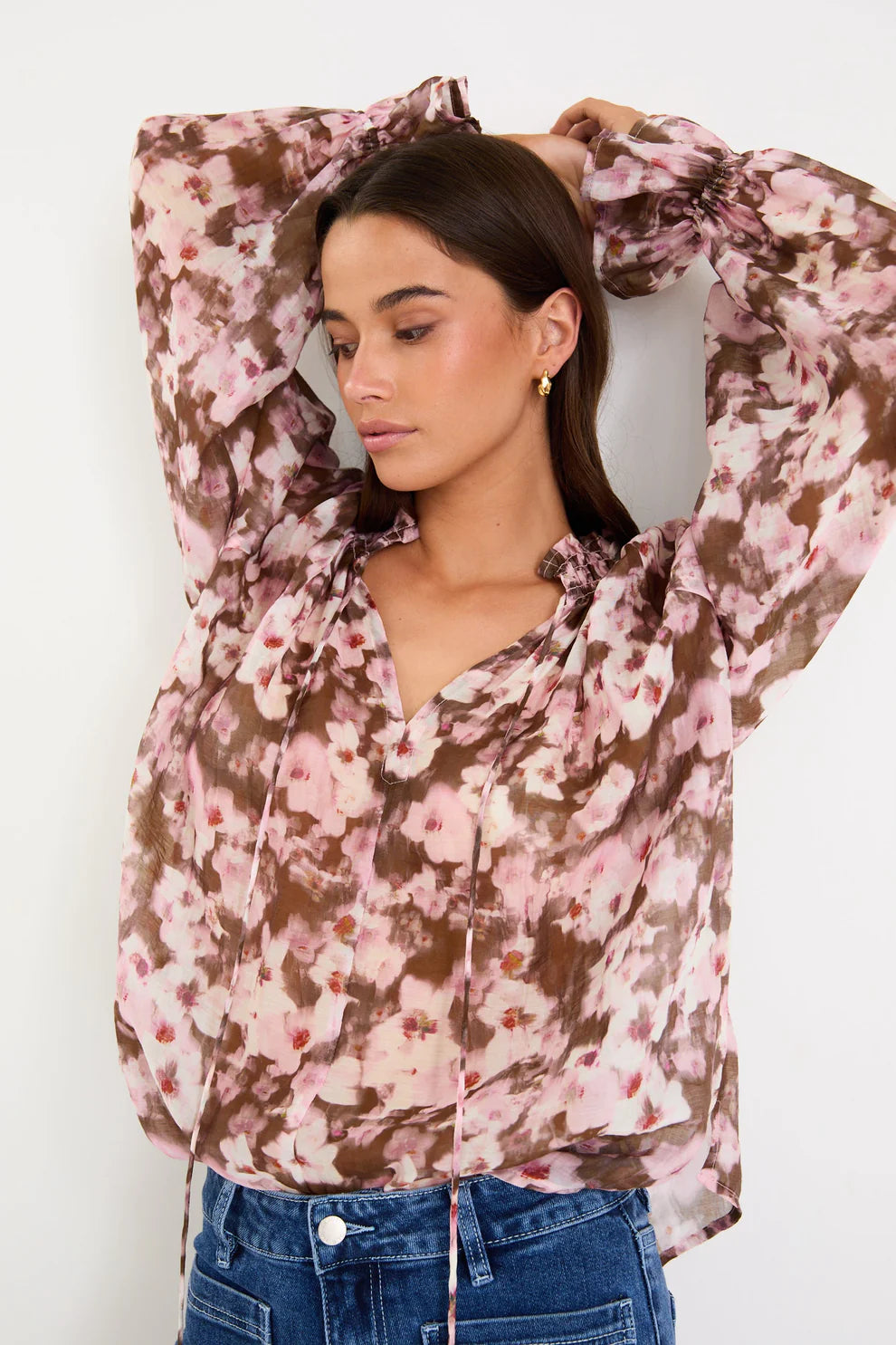 Among the Brave Odyssey Blush Chocolate Floral Shirred Neck LS Top
