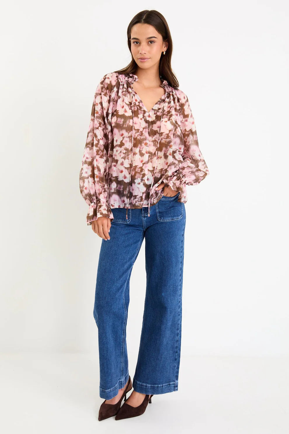 Among the Brave Odyssey Blush Chocolate Floral Shirred Neck LS Top