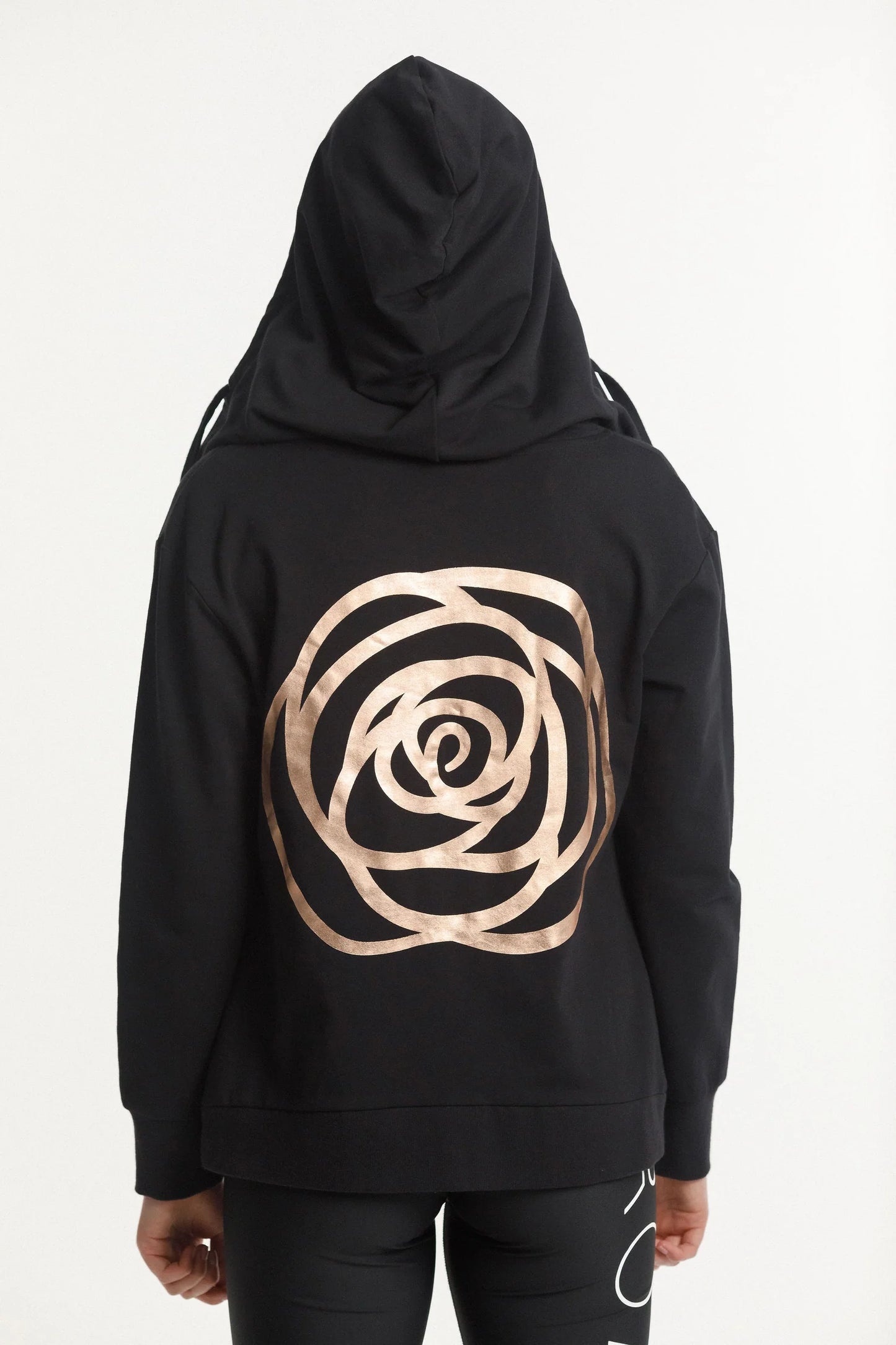 Rose Road Zip Up Hoodie | Black with Rose Gold Badge & Logo on Back