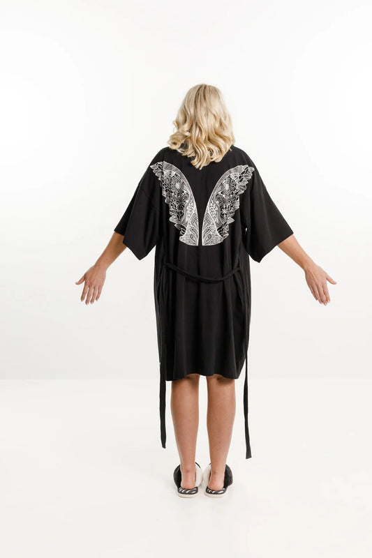 Home-lee Short Robe - Black with White Wings OSFM