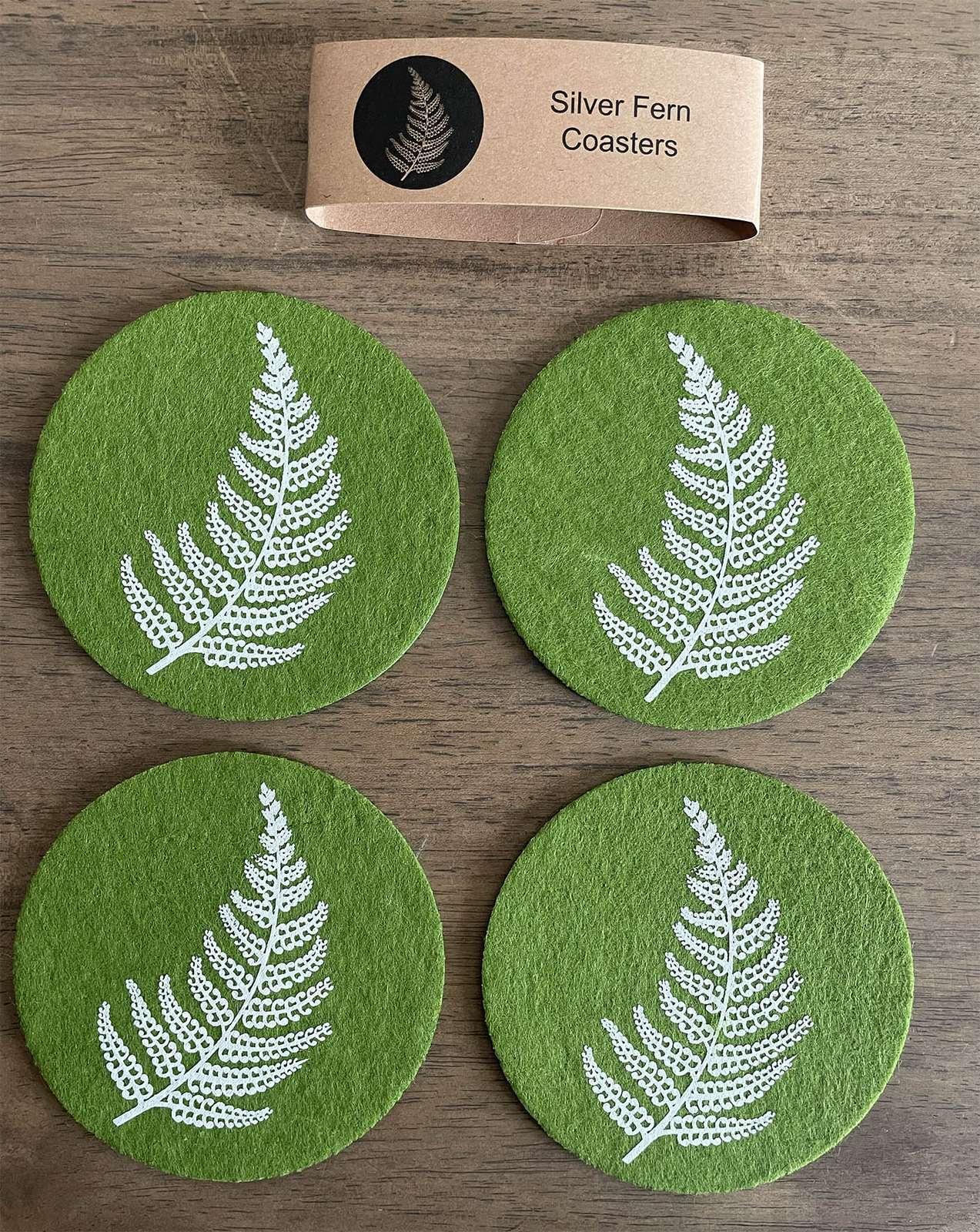 Jo Luping Design - Silver Fern on Green | Ecofelt Coasters