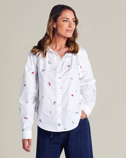 Betty Basics Floral Embroidered Shirt | White Floral