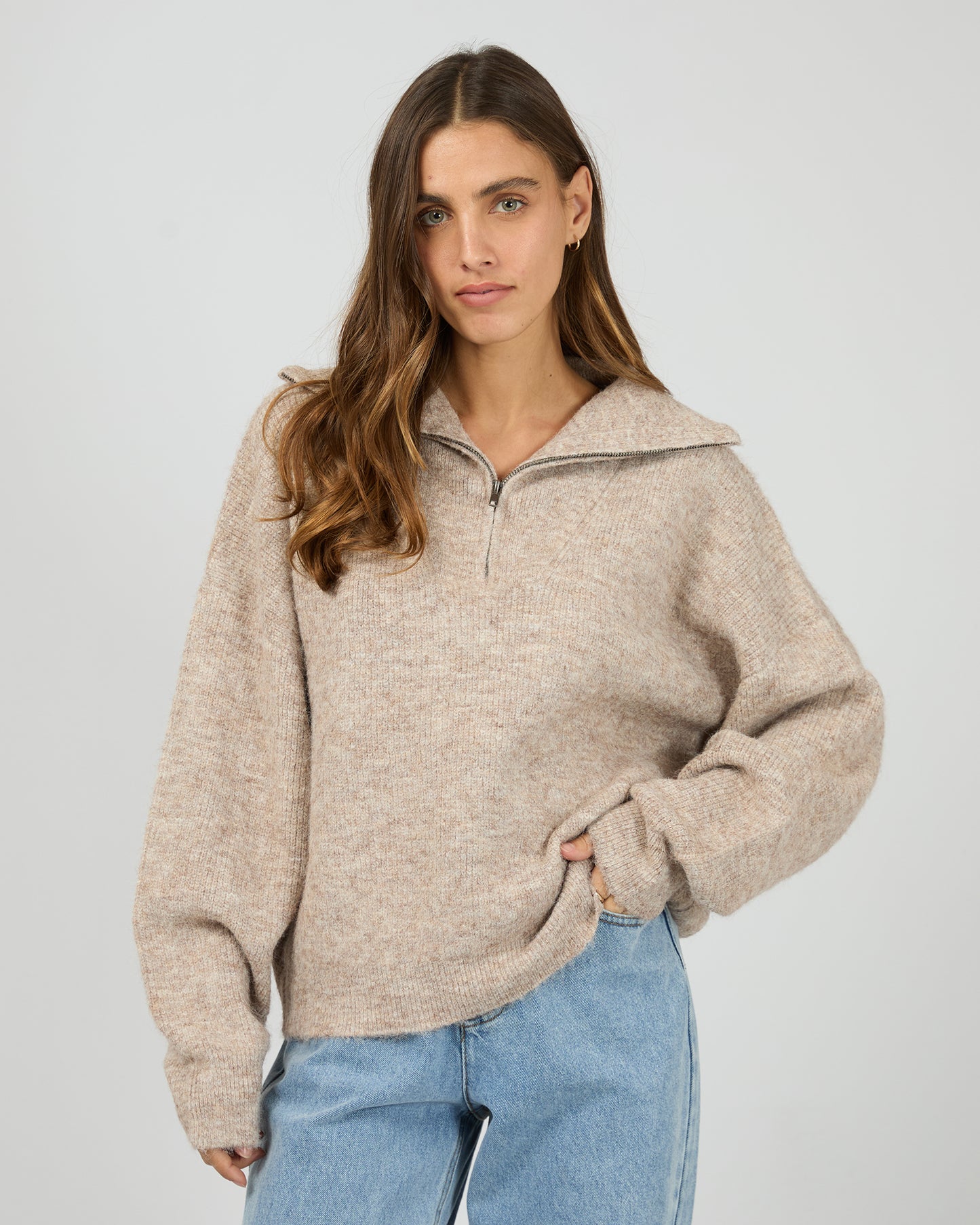 Silent Theory Quarter Zip Knit Jumper | Brown