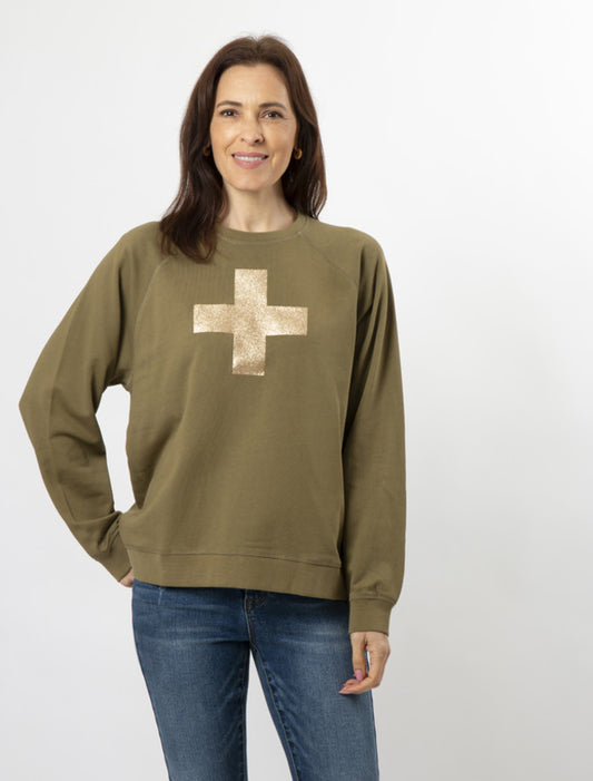 Stella + Gemma Everyday Sweater - Olive with Gold Glitter Cross