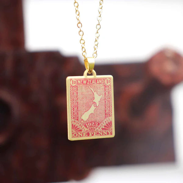 Little Taonga 1923 Pictoral Vintage Stamp Necklace | Aotearoa Map