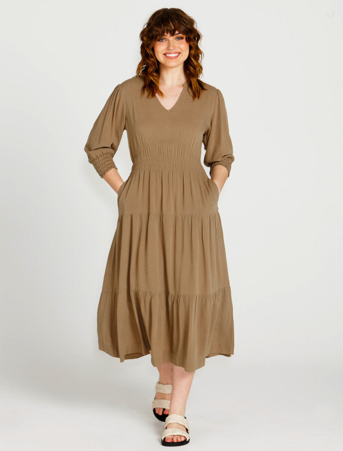 Sass Portia Elastic Waist Flowy Dress - Khaki