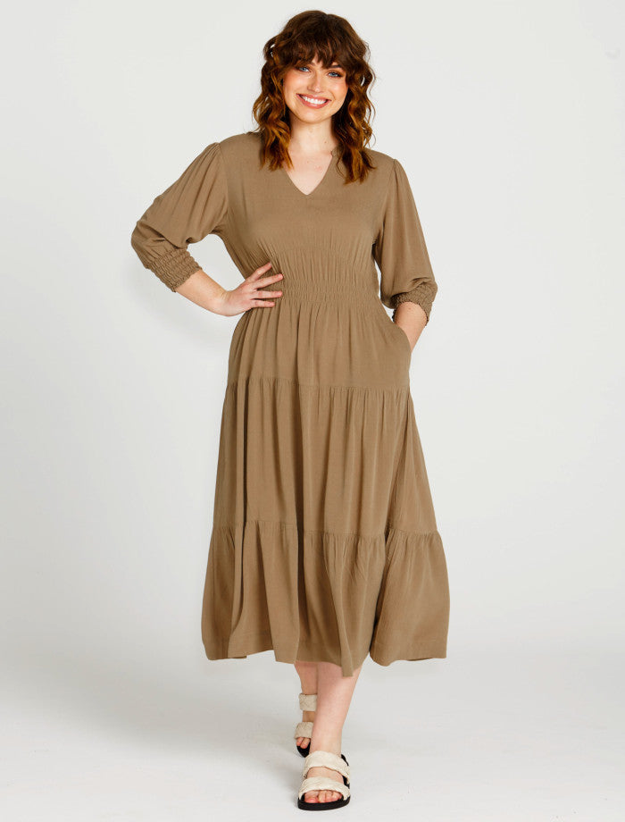 Sass Portia Elastic Waist Flowy Dress - Khaki