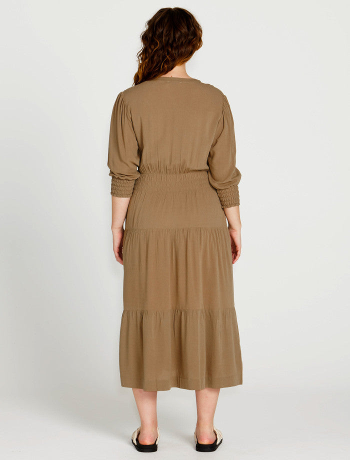 Sass Portia Elastic Waist Flowy Dress - Khaki