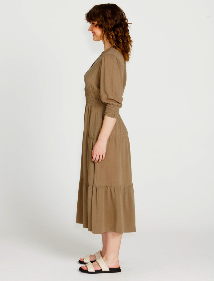 Sass Portia Elastic Waist Flowy Dress - Khaki