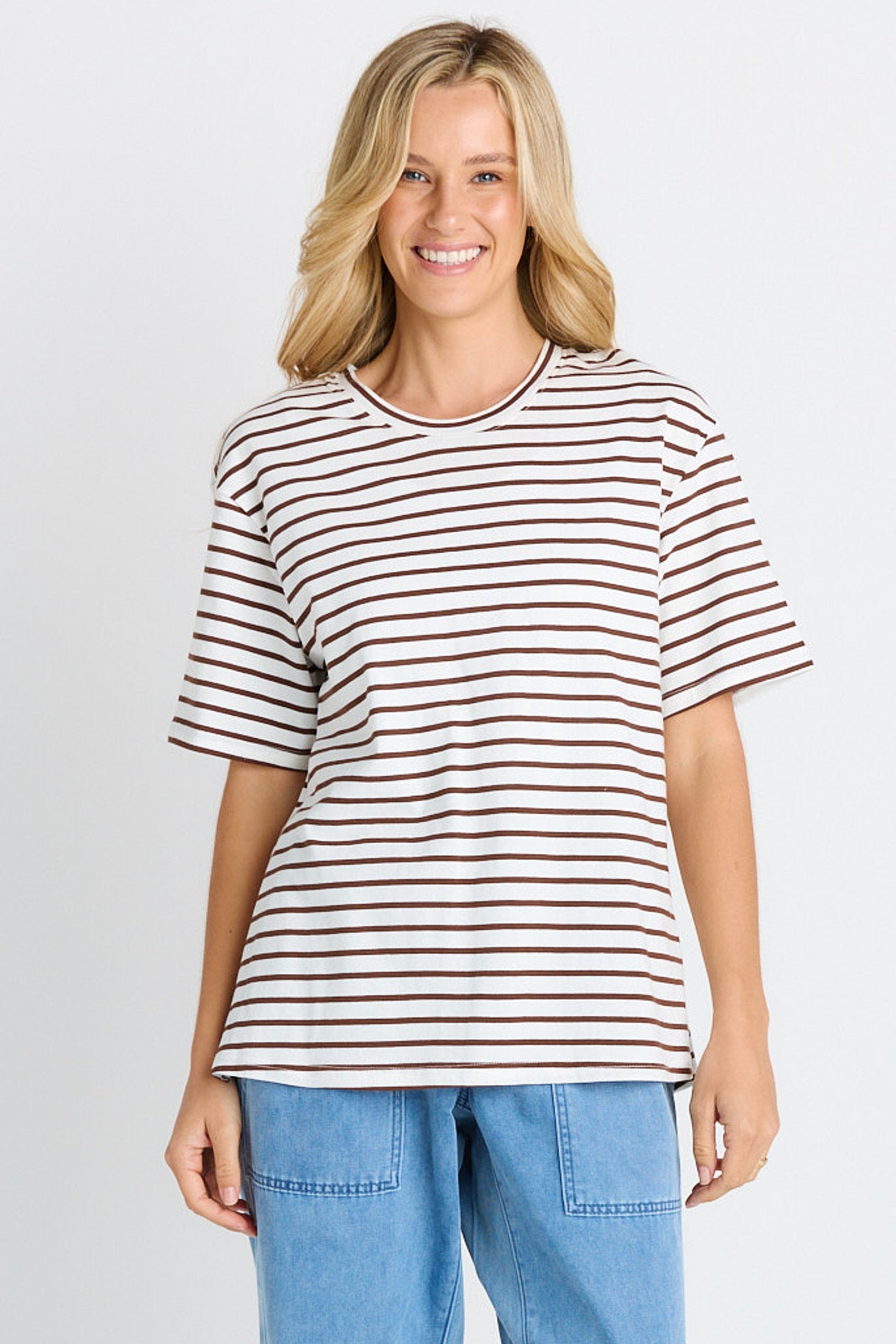 Betty Basics Relax Boxy Tee | Chocolate White Stripe