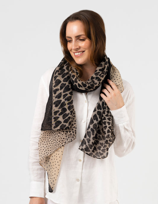 Stella + Gemma Scarf | Beige with Black Hearts & Dots