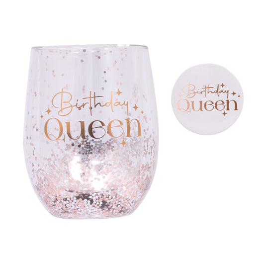 Celebration Birthday Queen Glitter Stemless Glass & Badge Set