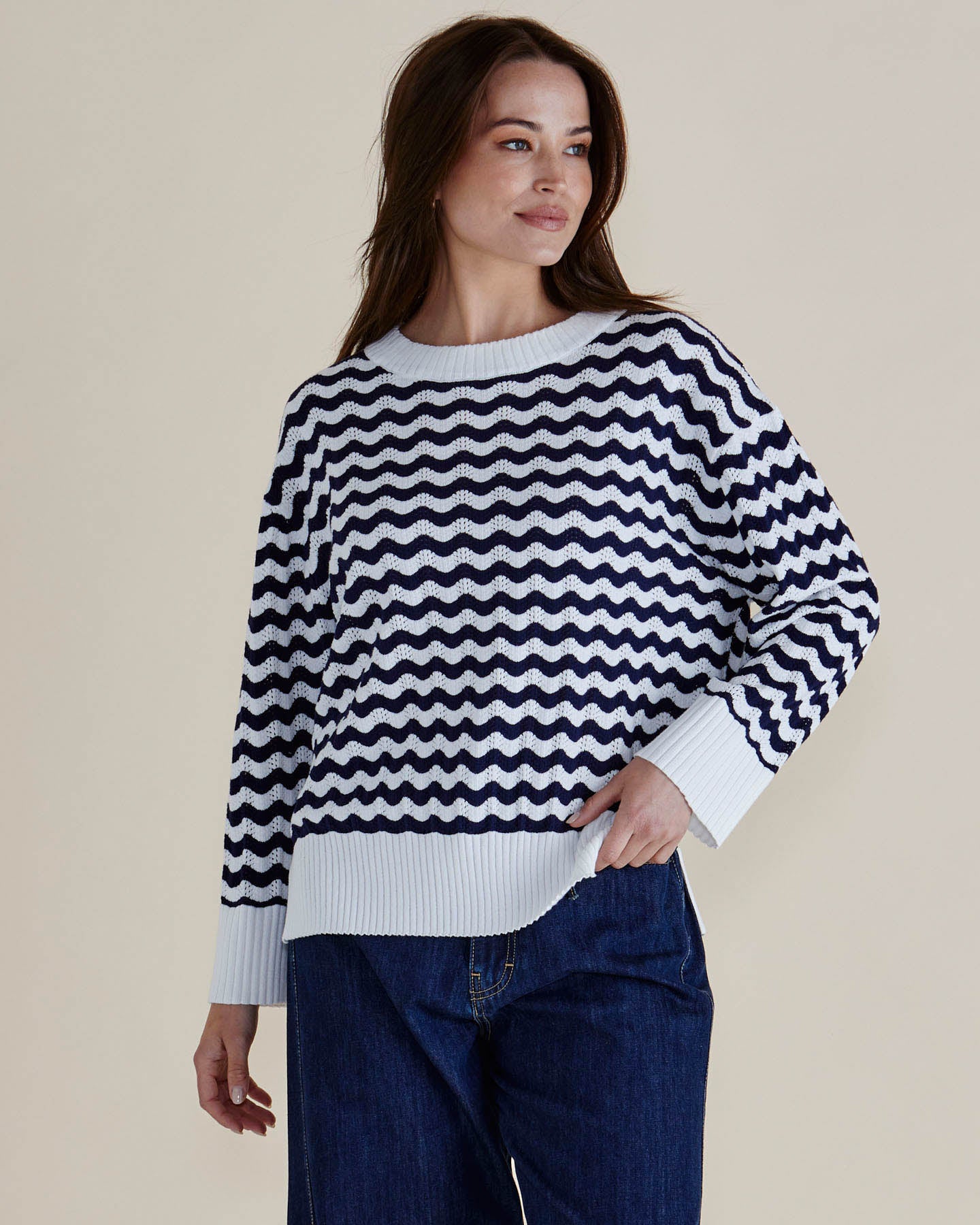 Betty Basics Ember Knit Top | Navy Wave Stripe