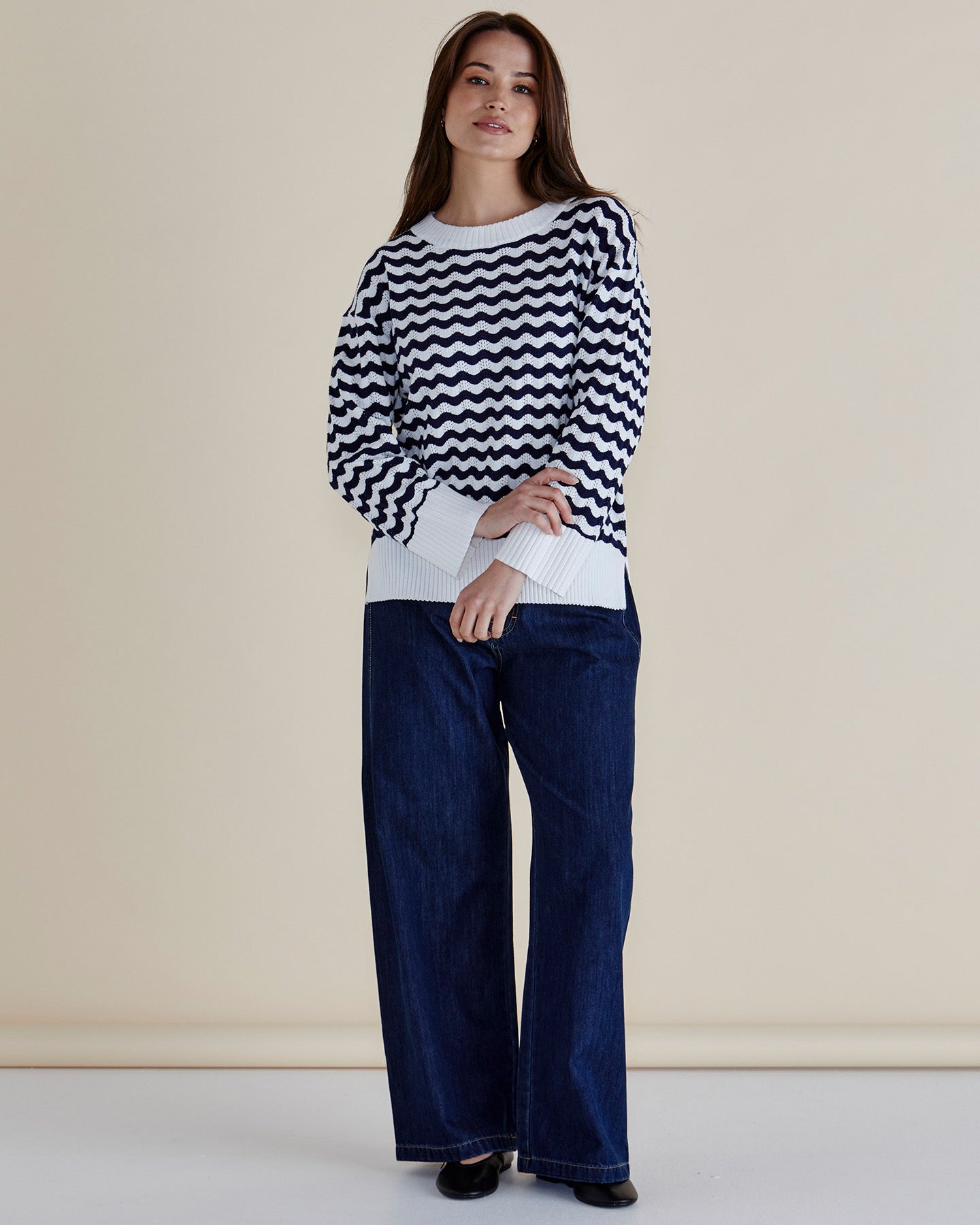 Betty Basics Ember Knit Top | Navy Wave Stripe