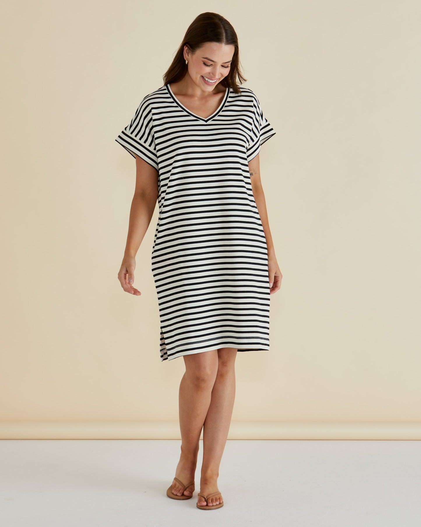 Betty Basics Elise V-Neck Rib Dress | Black White Stripe